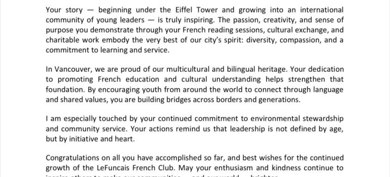 Congratulations to LeFuncais Club from Vancouver City Councillor Mr. Lenny Zhou.