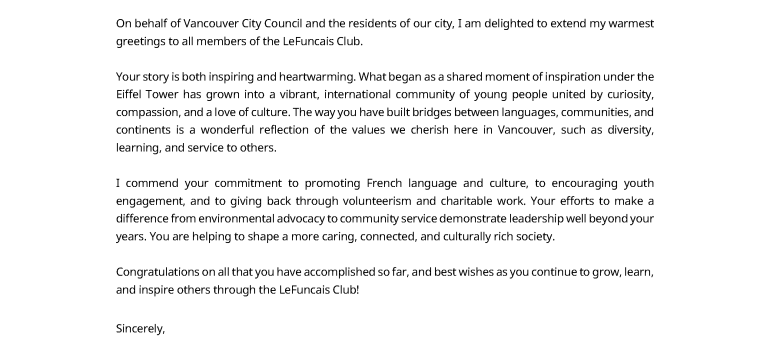 2025/11/3 Greeting Letter from Vancouver Mayor Ken Sim